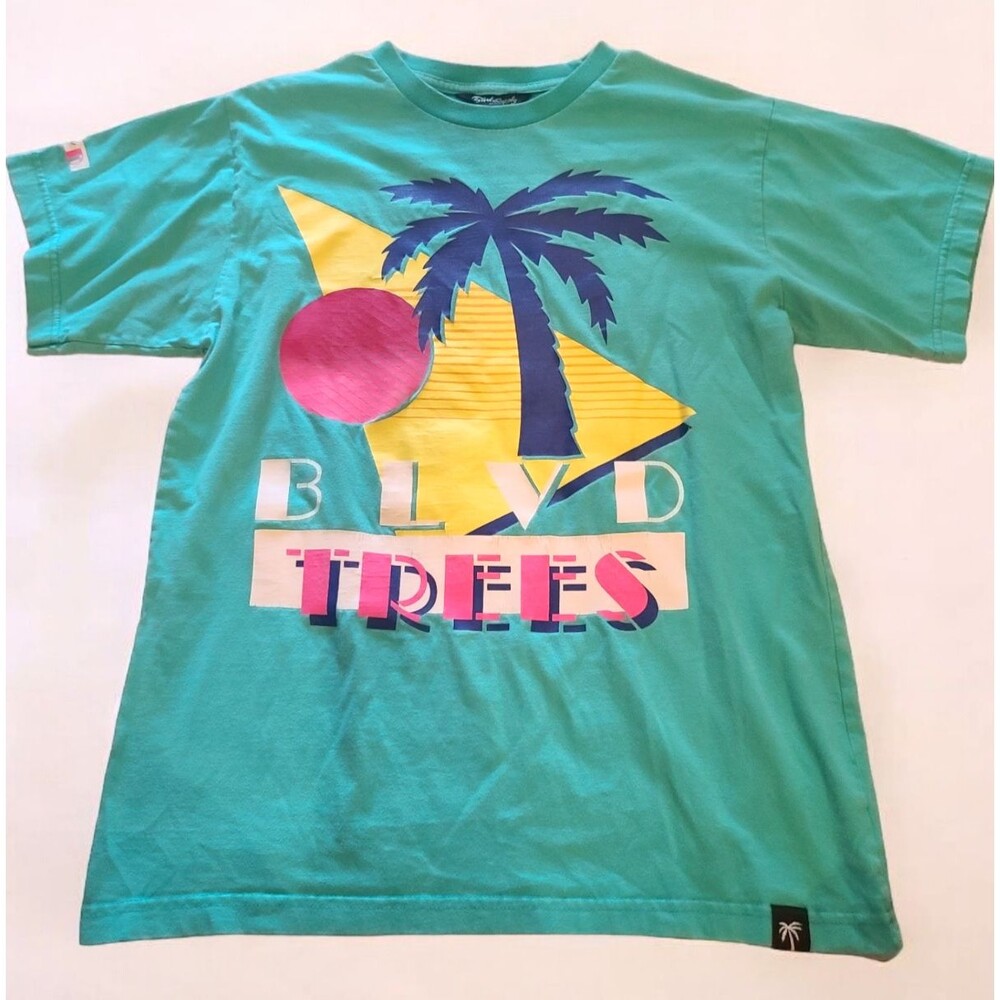 90s style BLVD Supply Teal Palm Tree Shirt with Desert Camo M Color block